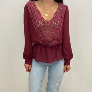Gypsy Warrior Burgundy Lace Eyelet Long Sleeve Top